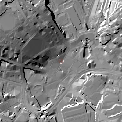 Shaded relief map of the ground around BD11LH, computed from Environment Agency LiDAR. The ground here sits at about 99 m above sea level and falls 35 m across the surrounding 800 m. Surface water reaching this point runs off ground lying to the west-north-west, 28.5 m higher.