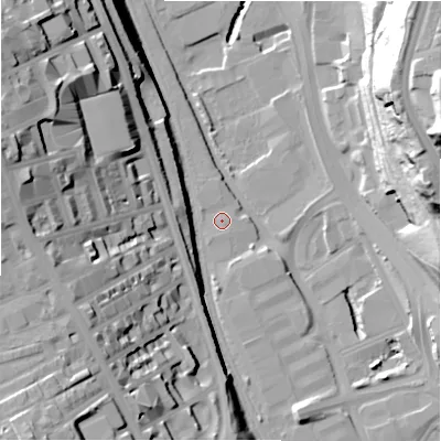 Shaded relief map of the ground around BD11LW, computed from Environment Agency LiDAR. The ground here sits at about 94 m above sea level and falls 55 m across the surrounding 800 m. Surface water reaching this point runs off ground lying to the south, 1.2 m higher.
