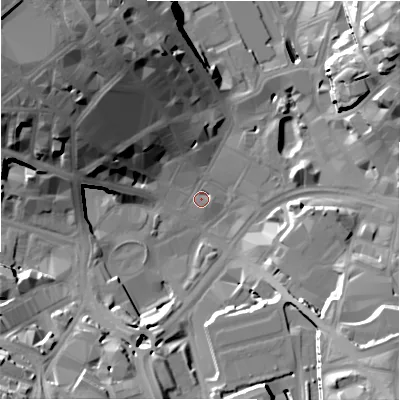 Shaded relief map of the ground around BD11NE, computed from Environment Agency LiDAR. The ground here sits at about 99 m above sea level and falls 36 m across the surrounding 800 m. Surface water reaching this point runs off ground lying to the north-west, 1.3 m higher.