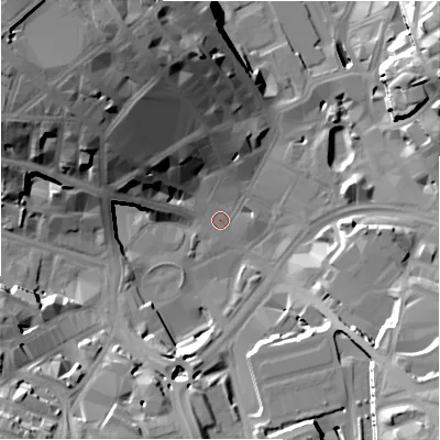 Shaded relief map of the ground around BD11NF, computed from Environment Agency LiDAR. The ground here sits at about 99 m above sea level and falls 37 m across the surrounding 800 m. Surface water reaching this point runs off ground lying to the north-west, 29.5 m higher.