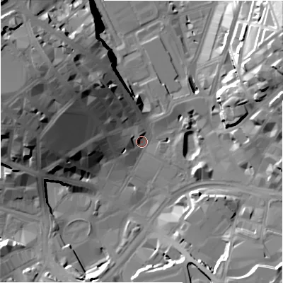 Shaded relief map of the ground around BD11PH, computed from Environment Agency LiDAR. The ground here sits at about 98 m above sea level and falls 34 m across the surrounding 800 m. Surface water reaching this point runs off ground lying to the west-north-west, 27.8 m higher.
