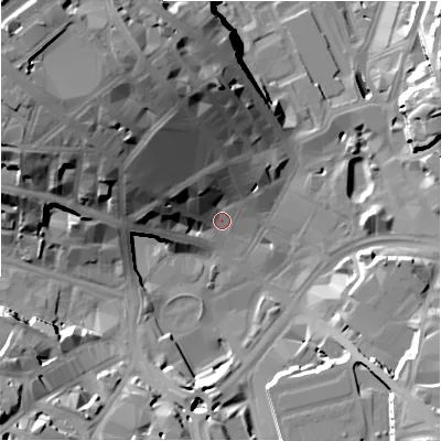 Shaded relief map of the ground around BD11RJ, computed from Environment Agency LiDAR. The ground here sits at about 100 m above sea level and falls 38 m across the surrounding 800 m. Surface water reaching this point runs off ground lying to the north-west, 18.8 m higher.