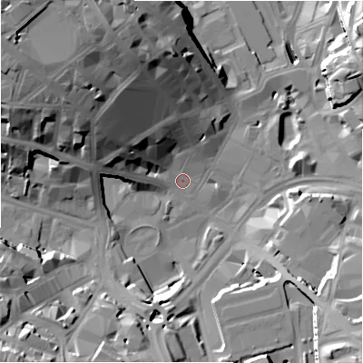 Shaded relief map of the ground around BD11RU, computed from Environment Agency LiDAR. The ground here sits at about 99 m above sea level and falls 37 m across the surrounding 800 m. Surface water reaching this point runs off ground lying to the north-west, 29.7 m higher.