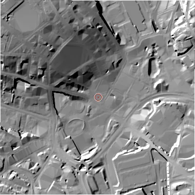 Shaded relief map of the ground around BD11RX, computed from Environment Agency LiDAR. The ground here sits at about 99 m above sea level and falls 37 m across the surrounding 800 m. Surface water reaching this point runs off ground lying to the north-west, 29.7 m higher.