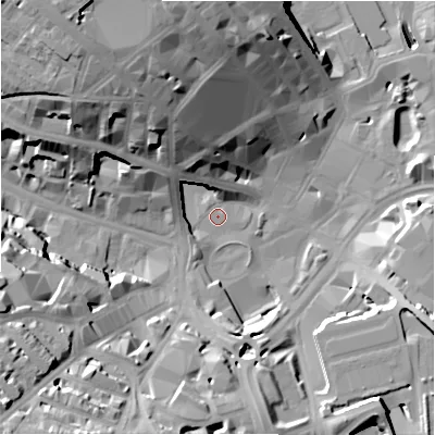 Shaded relief map of the ground around BD11SD, computed from Environment Agency LiDAR. The ground here sits at about 100 m above sea level and falls 37 m across the surrounding 800 m. Surface water reaching this point runs off ground lying to the north-north-west, 18.6 m higher.