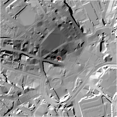 Shaded relief map of the ground around BD11SQ, computed from Environment Agency LiDAR. The ground here sits at about 102 m above sea level and falls 38 m across the surrounding 800 m. Surface water reaching this point runs off ground lying to the north-west, 31.2 m higher.