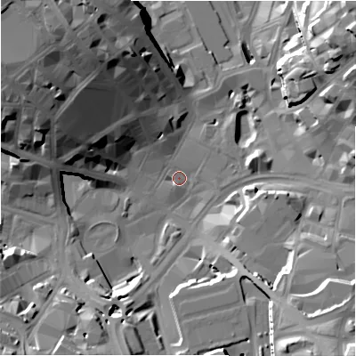 Shaded relief map of the ground around BD11TW, computed from Environment Agency LiDAR. The ground here sits at about 98 m above sea level and falls 35 m across the surrounding 800 m. Surface water reaching this point runs off ground lying to the west-north-west, 28.0 m higher.