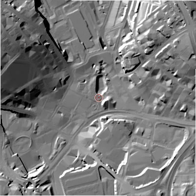Shaded relief map of the ground around BD11US, computed from Environment Agency LiDAR. The ground here sits at about 98 m above sea level and falls 42 m across the surrounding 800 m. Surface water reaching this point runs off ground lying to the north-east, 39.8 m higher.
