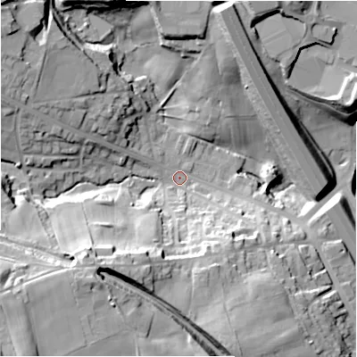 Shaded relief map of the ground around BD127AA, computed from Environment Agency LiDAR. The ground here sits at about 109 m above sea level and falls 46 m across the surrounding 800 m. Surface water reaching this point runs off ground lying to the south-west, 30.4 m higher.