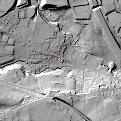 Shaded relief map of the ground around BD127AB, computed from Environment Agency LiDAR. The ground here sits at about 113 m above sea level and falls 50 m across the surrounding 800 m. Surface water reaching this point runs off ground lying to the north-west, 26.1 m higher.