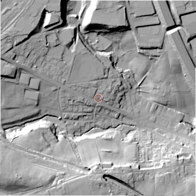 Shaded relief map of the ground around BD127AD, computed from Environment Agency LiDAR. The ground here sits at about 119 m above sea level and falls 51 m across the surrounding 800 m. Surface water reaching this point runs off ground lying to the north-west, 22.4 m higher.