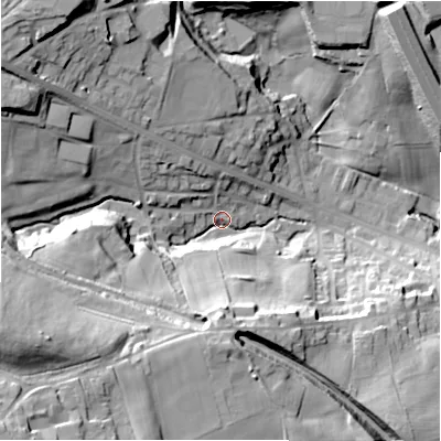 Shaded relief map of the ground around BD127AJ, computed from Environment Agency LiDAR. The ground here sits at about 112 m above sea level and falls 51 m across the surrounding 800 m. Surface water reaching this point runs off ground lying to the west-south-west, 45.6 m higher.