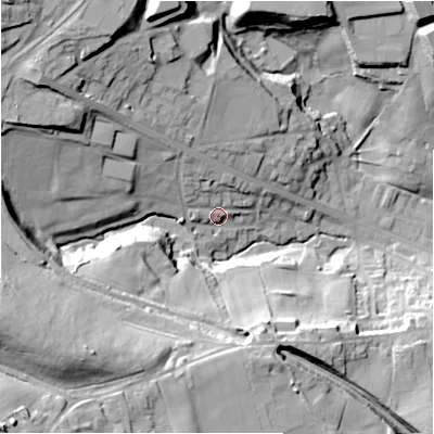 Shaded relief map of the ground around BD127AL, computed from Environment Agency LiDAR. The ground here sits at about 117 m above sea level and falls 50 m across the surrounding 800 m. Surface water reaching this point runs off ground lying to the north-north-west, 7.5 m higher.