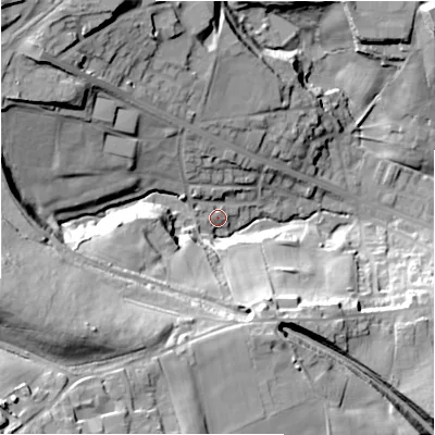 Shaded relief map of the ground around BD127AN, computed from Environment Agency LiDAR. The ground here sits at about 115 m above sea level and falls 50 m across the surrounding 800 m. Surface water reaching this point runs off ground lying to the west-south-west, 44.6 m higher.