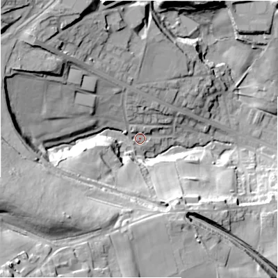 Shaded relief map of the ground around BD127AP, computed from Environment Agency LiDAR. The ground here sits at about 116 m above sea level and falls 50 m across the surrounding 800 m. Surface water reaching this point runs off ground lying to the west-south-west, 42.8 m higher.