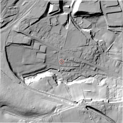 Shaded relief map of the ground around BD127AU, computed from Environment Agency LiDAR. The ground here sits at about 120 m above sea level and falls 50 m across the surrounding 800 m. Surface water reaching this point runs off ground lying to the north-north-west, 6.7 m higher.