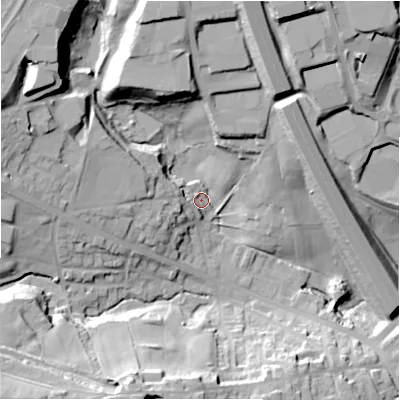 Shaded relief map of the ground around BD127BU, computed from Environment Agency LiDAR. The ground here sits at about 112 m above sea level and falls 43 m across the surrounding 800 m. Surface water reaching this point runs off ground lying to the north-west, 30.9 m higher.