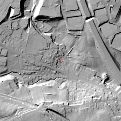 Shaded relief map of the ground around BD127BX, computed from Environment Agency LiDAR. The ground here sits at about 111 m above sea level and falls 46 m across the surrounding 800 m. Surface water reaching this point runs off ground lying to the west-north-west, 9.1 m higher.