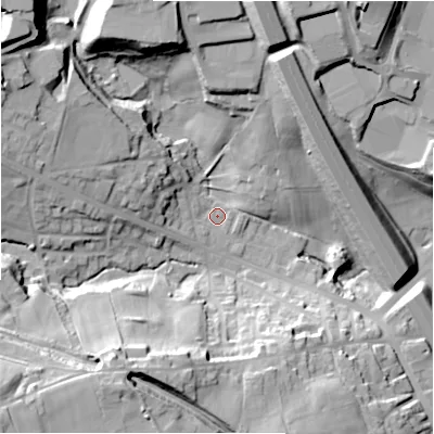 Shaded relief map of the ground around BD127DA, computed from Environment Agency LiDAR. The ground here sits at about 110 m above sea level and falls 44 m across the surrounding 800 m. Surface water reaching this point runs off ground lying to the north-west, 30.4 m higher.