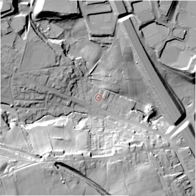 Shaded relief map of the ground around BD127DB, computed from Environment Agency LiDAR. The ground here sits at about 110 m above sea level and falls 43 m across the surrounding 800 m. Surface water reaching this point runs off ground lying to the south-west, 37.4 m higher.