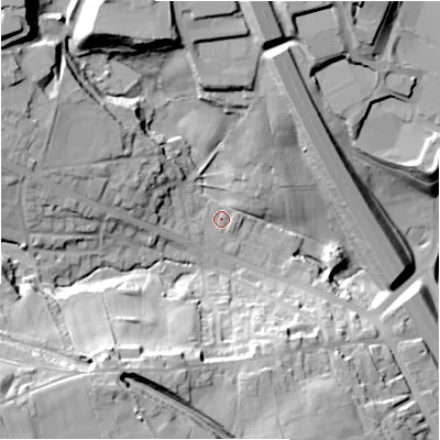 Shaded relief map of the ground around BD127DD, computed from Environment Agency LiDAR. The ground here sits at about 110 m above sea level and falls 43 m across the surrounding 800 m. Surface water reaching this point runs off ground lying to the south-west, 37.3 m higher.