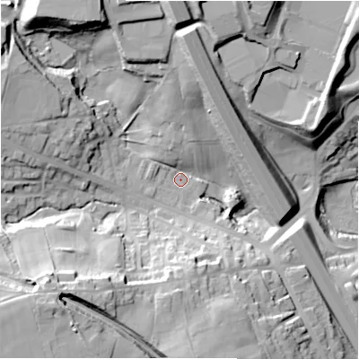 Shaded relief map of the ground around BD127DH, computed from Environment Agency LiDAR. The ground here sits at about 108 m above sea level and falls 43 m across the surrounding 800 m. Surface water reaching this point runs off ground lying to the south-west, 30.4 m higher.