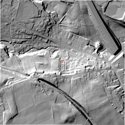 Shaded relief map of the ground around BD127DJ, computed from Environment Agency LiDAR. The ground here sits at about 116 m above sea level and falls 50 m across the surrounding 800 m. Surface water reaching this point runs off ground lying to the south-west, 22.9 m higher.