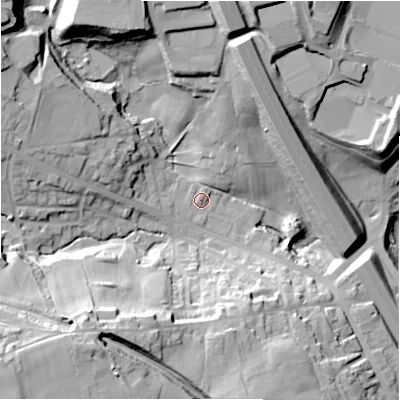 Shaded relief map of the ground around BD127DQ, computed from Environment Agency LiDAR. The ground here sits at about 111 m above sea level and falls 45 m across the surrounding 800 m. Surface water reaching this point runs off ground lying to the south-west, 36.8 m higher.