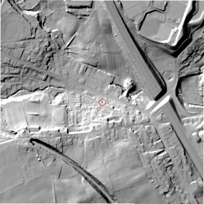 Shaded relief map of the ground around BD127DW, computed from Environment Agency LiDAR. The ground here sits at about 112 m above sea level and falls 45 m across the surrounding 800 m. Surface water reaching this point runs off ground lying to the south, 25.8 m higher.