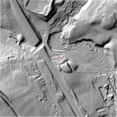 Shaded relief map of the ground around BD127ER, computed from Environment Agency LiDAR. The ground here sits at about 109 m above sea level and falls 44 m across the surrounding 800 m. Surface water reaching this point runs off ground lying to the west, 9.0 m higher.