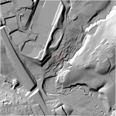 Shaded relief map of the ground around BD127EX, computed from Environment Agency LiDAR. The ground here sits at about 110 m above sea level and falls 48 m across the surrounding 800 m. Surface water reaching this point runs off ground lying to the north, 18.9 m higher.
