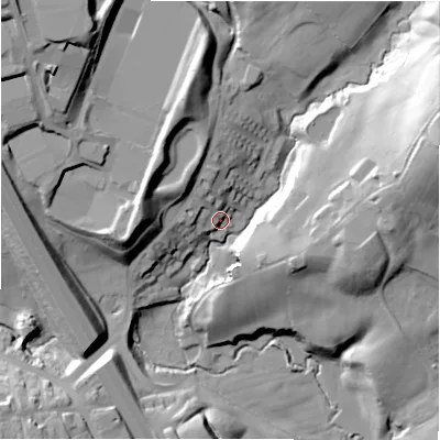 Shaded relief map of the ground around BD127HG, computed from Environment Agency LiDAR. The ground here sits at about 108 m above sea level and falls 55 m across the surrounding 800 m. Surface water reaching this point runs off ground lying to the north-north-west, 13.8 m higher.