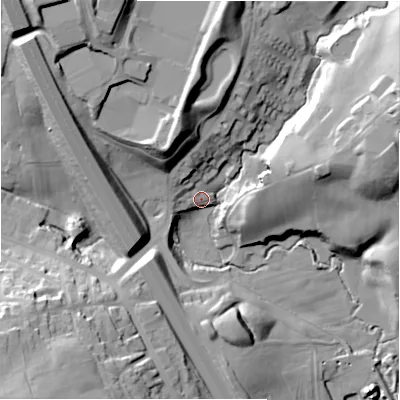 Shaded relief map of the ground around BD127HH, computed from Environment Agency LiDAR. The ground here sits at about 106 m above sea level and falls 43 m across the surrounding 800 m. Surface water reaching this point runs off ground lying to the north-north-west, 21.9 m higher.
