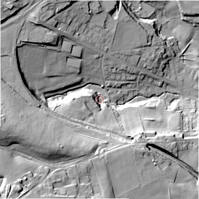 Shaded relief map of the ground around BD127HS, computed from Environment Agency LiDAR. The ground here sits at about 117 m above sea level and falls 51 m across the surrounding 800 m. Surface water reaching this point runs off ground lying to the south-west, 41.0 m higher.