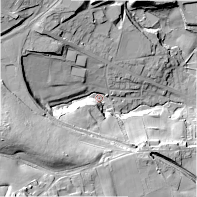 Shaded relief map of the ground around BD127HT, computed from Environment Agency LiDAR. The ground here sits at about 115 m above sea level and falls 51 m across the surrounding 800 m. Surface water reaching this point runs off ground lying to the west-south-west, 44.4 m higher.
