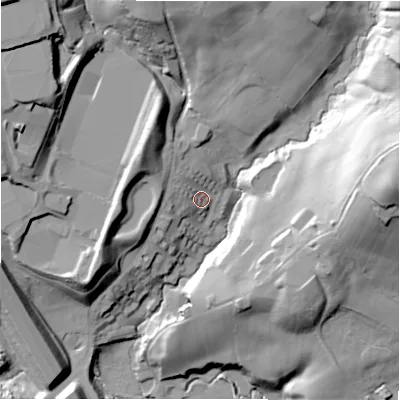 Shaded relief map of the ground around BD127HX, computed from Environment Agency LiDAR. The ground here sits at about 113 m above sea level and falls 59 m across the surrounding 800 m. Surface water reaching this point runs off ground lying to the north-west, 17.3 m higher.