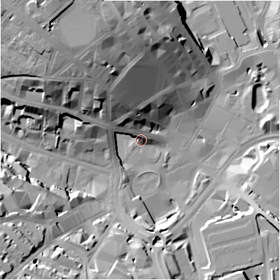 Shaded relief map of the ground around BD12AY, computed from Environment Agency LiDAR. The ground here sits at about 102 m above sea level and falls 38 m across the surrounding 800 m. Surface water reaching this point runs off ground lying to the north-west, 27.4 m higher.