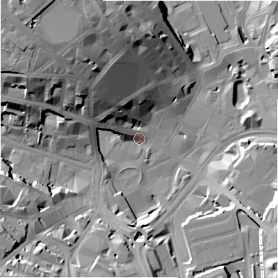 Shaded relief map of the ground around BD12AZ, computed from Environment Agency LiDAR. The ground here sits at about 100 m above sea level and falls 38 m across the surrounding 800 m. Surface water reaching this point runs off ground lying to the north-west, 18.8 m higher.