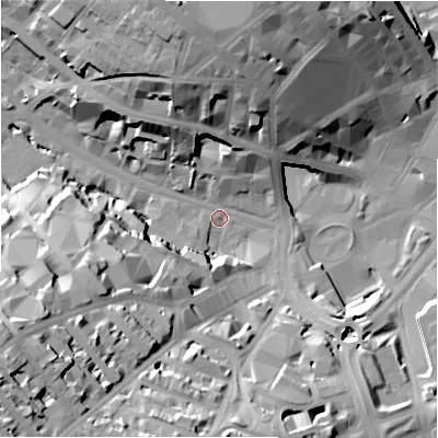 Shaded relief map of the ground around BD12BX, computed from Environment Agency LiDAR. The ground here sits at about 101 m above sea level and falls 38 m across the surrounding 800 m. Surface water reaching this point runs off ground lying to the west-south-west, 33.0 m higher.