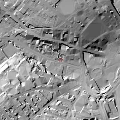 Shaded relief map of the ground around BD12DG, computed from Environment Agency LiDAR. The ground here sits at about 102 m above sea level and falls 37 m across the surrounding 800 m. Surface water reaching this point runs off ground lying to the north-north-west, 26.7 m higher.