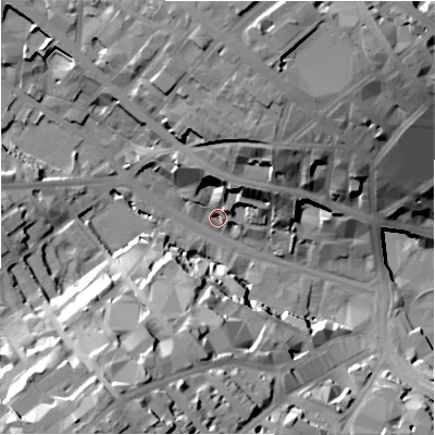 Shaded relief map of the ground around BD12DX, computed from Environment Agency LiDAR. The ground here sits at about 103 m above sea level and falls 36 m across the surrounding 800 m. Surface water reaching this point runs off ground lying to the north, 11.6 m higher.