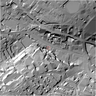 Shaded relief map of the ground around BD12EE, computed from Environment Agency LiDAR. The ground here sits at about 102 m above sea level and falls 36 m across the surrounding 800 m. Surface water reaching this point runs off ground lying to the south-west, 34.6 m higher.