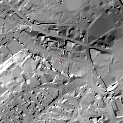 Shaded relief map of the ground around BD12EP, computed from Environment Agency LiDAR. The ground here sits at about 102 m above sea level and falls 37 m across the surrounding 800 m. Surface water reaching this point runs off ground lying to the north, 26.0 m higher.