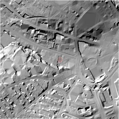 Shaded relief map of the ground around BD12ER, computed from Environment Agency LiDAR. The ground here sits at about 101 m above sea level and falls 38 m across the surrounding 800 m. Surface water reaching this point runs off ground lying to the south-west, 35.4 m higher.