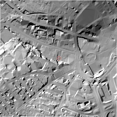 Shaded relief map of the ground around BD12ES, computed from Environment Agency LiDAR. The ground here sits at about 101 m above sea level and falls 37 m across the surrounding 800 m. Surface water reaching this point runs off ground lying to the west-south-west, 35.4 m higher.