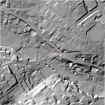Shaded relief map of the ground around BD12HS, computed from Environment Agency LiDAR. The ground here sits at about 109 m above sea level and falls 32 m across the surrounding 800 m. Surface water reaching this point runs off ground lying to the north-east, 21.7 m higher.