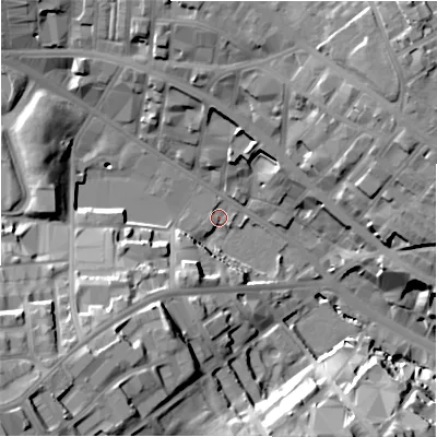 Shaded relief map of the ground around BD12JD, computed from Environment Agency LiDAR. The ground here sits at about 107 m above sea level and falls 34 m across the surrounding 800 m. Surface water reaching this point runs off ground lying to the south-west, 13.0 m higher.