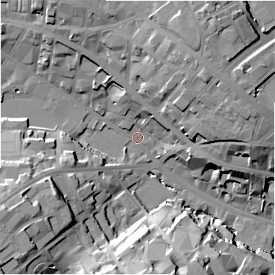 Shaded relief map of the ground around BD12JH, computed from Environment Agency LiDAR. The ground here sits at about 105 m above sea level and falls 32 m across the surrounding 800 m. Surface water reaching this point runs off ground lying to the north-north-east, 25.3 m higher.