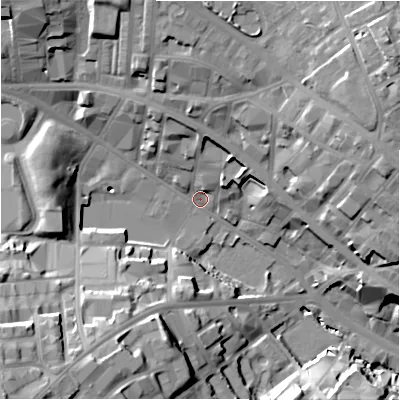 Shaded relief map of the ground around BD12JN, computed from Environment Agency LiDAR. The ground here sits at about 108 m above sea level and falls 34 m across the surrounding 800 m. Surface water reaching this point runs off ground lying to the east-north-east, 23.0 m higher.