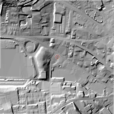 Shaded relief map of the ground around BD12JS, computed from Environment Agency LiDAR. The ground here sits at about 110 m above sea level and falls 34 m across the surrounding 800 m. Surface water reaching this point runs off ground lying to the south-west, 25.7 m higher.